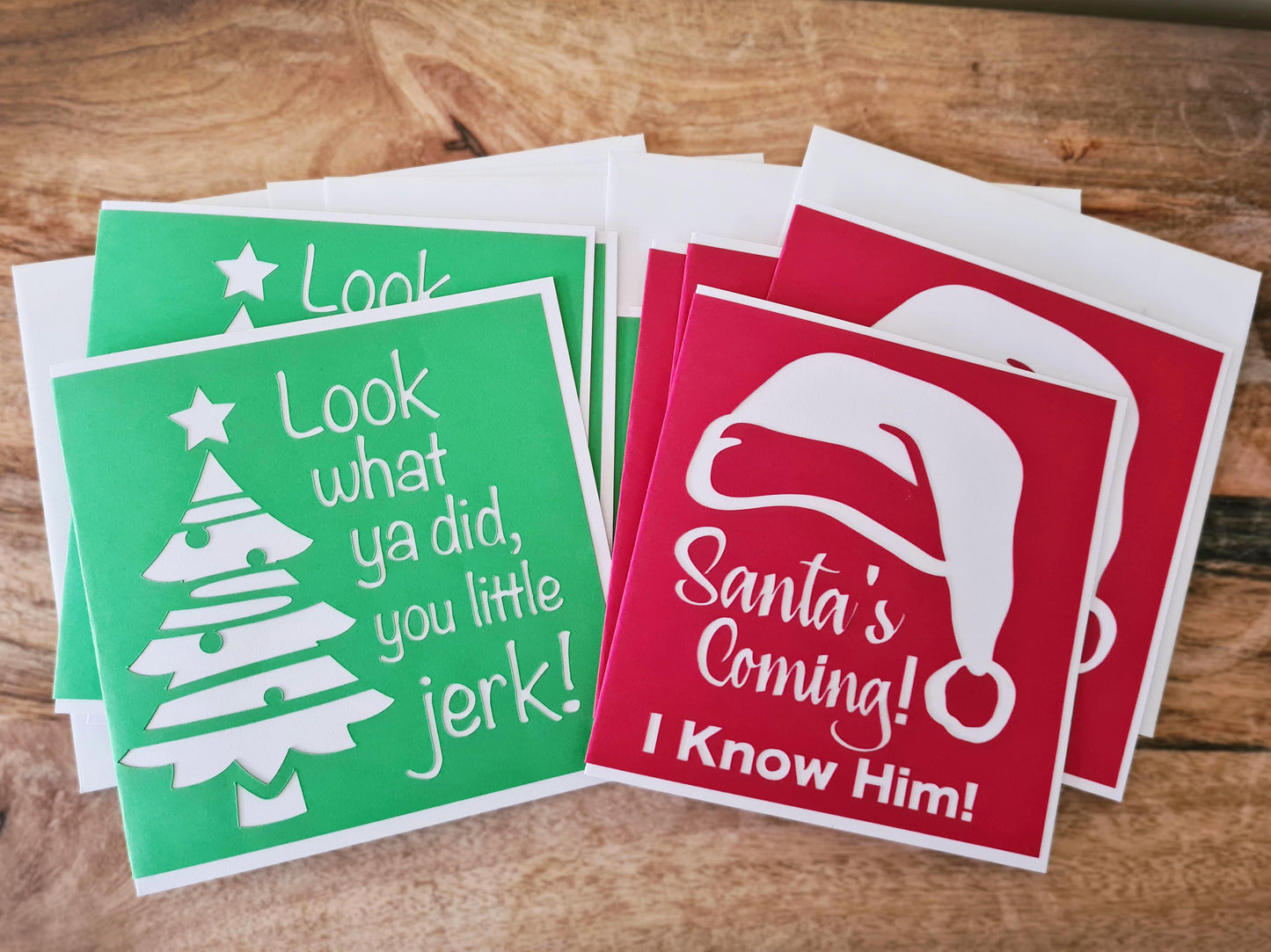 Elf movie inspired handcrafted Christmas card with Santa hat. Red and white. Green and white Home Alone inspired card with Christmas tree. Movie quotes